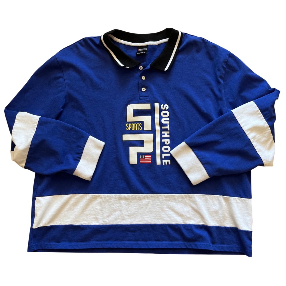 Southpole Mens XXL Blue Long Sleeve Polo Shirt Sports Graphic Streetwear Y2K